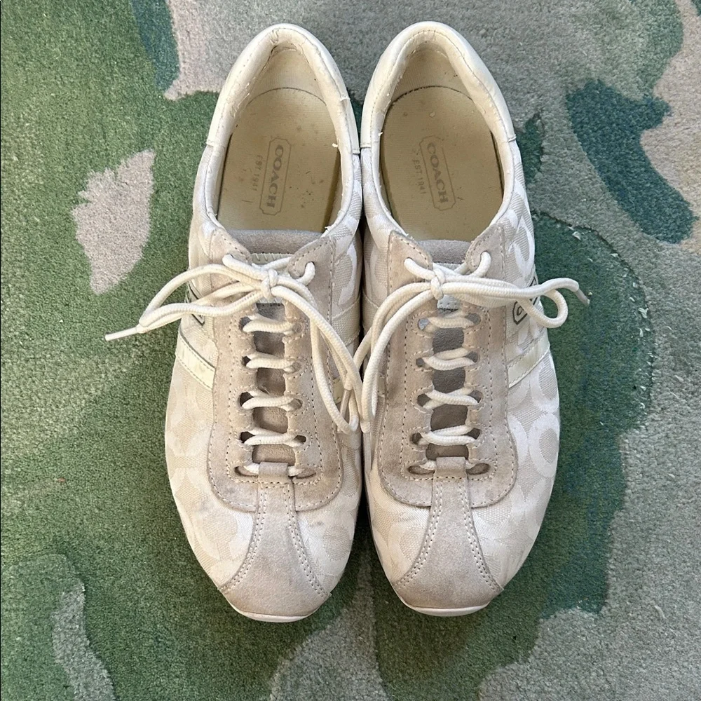 COACH Cream Kathleen Canvas + Suede Sneakers Size 8 - Picture 4 of 10